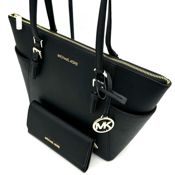 Michael Kors Large Charlotte TZ Tote Bag & Large Trifold Wallet Black/Gold - Picture 10 of 14